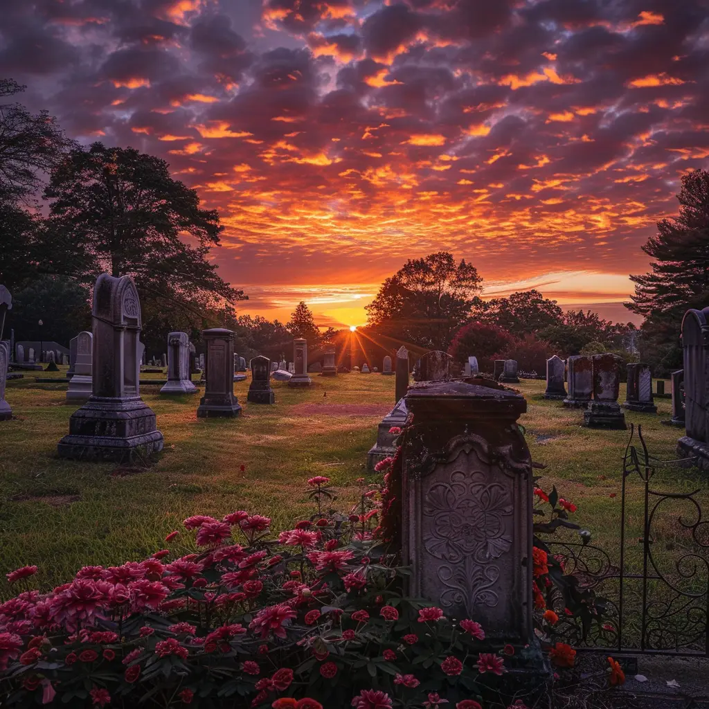 a photograph of a well-kept cemetery at sunset