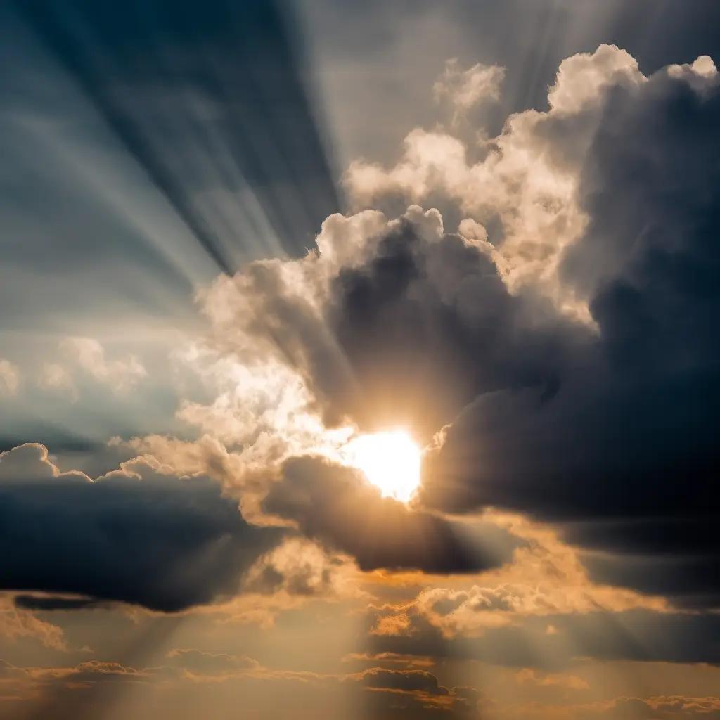 a photograph of sun breaking through clouds.