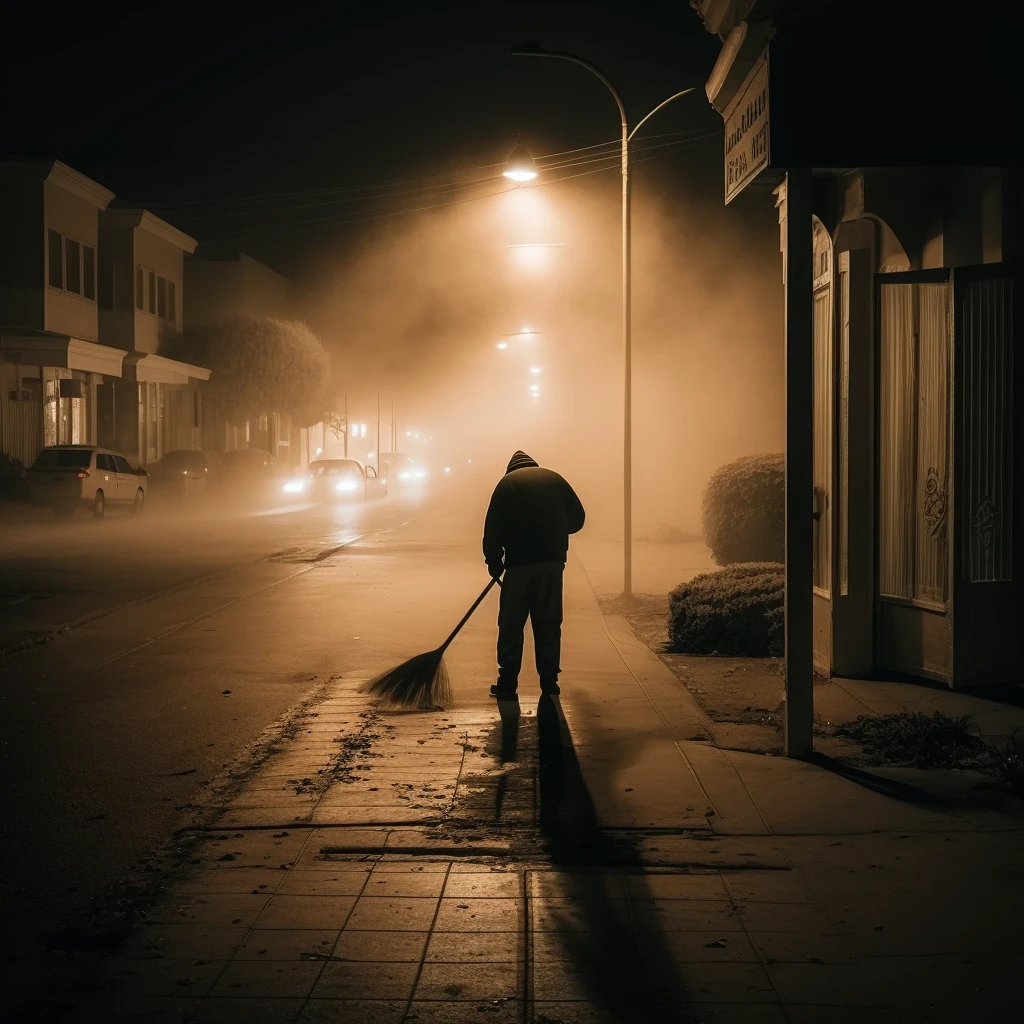 a photo of a silouetted figure sweeping a downtown street at night. the figure is large and hulkish, his broom looks almost homemade. streetlights shine overhead in a mist. car headlines can be seen approaching.