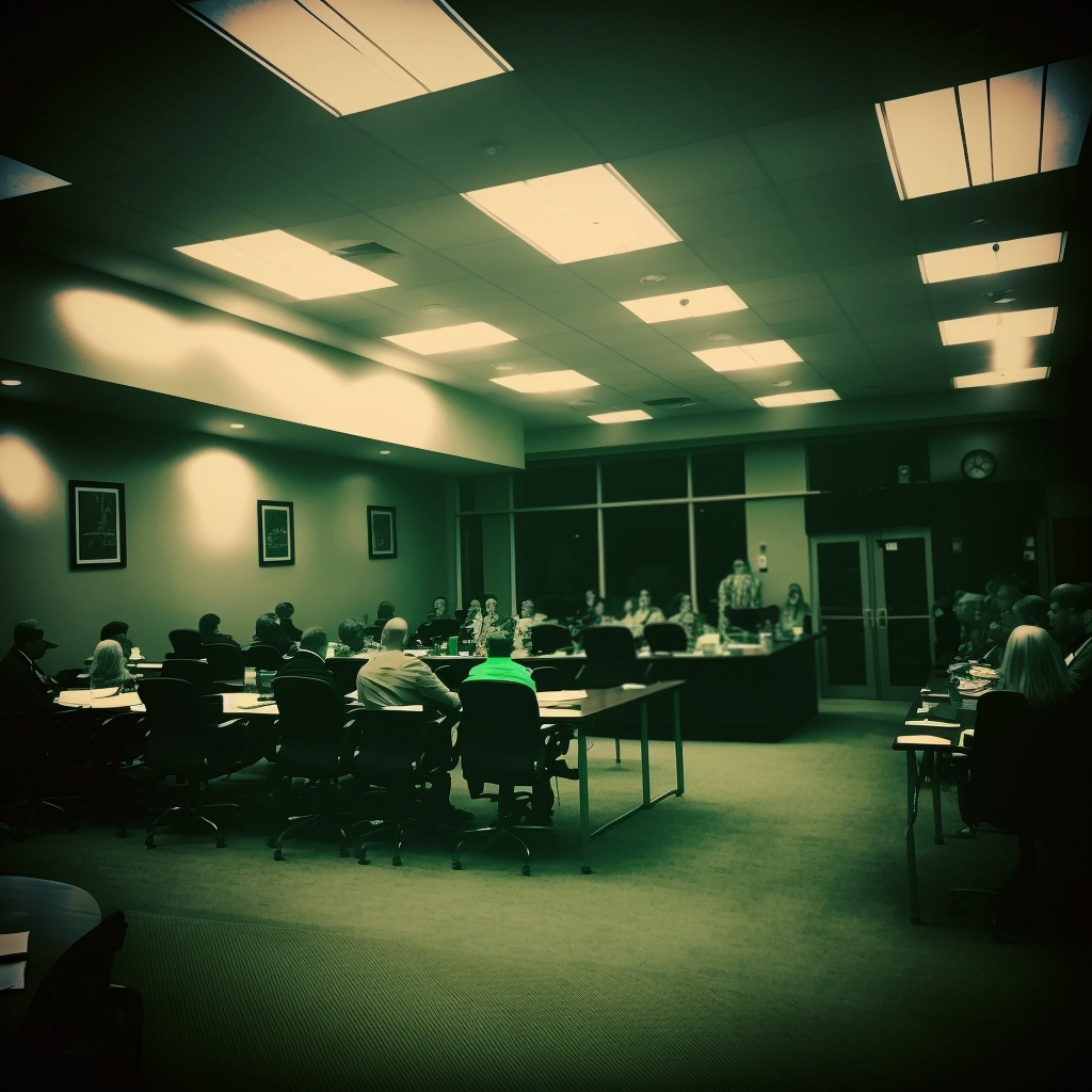 A photograph of the town council meeting in a committeeroom in Town Hall. The lights are flourescent and sickly. The less you know about the identity of the councilmembers the better.