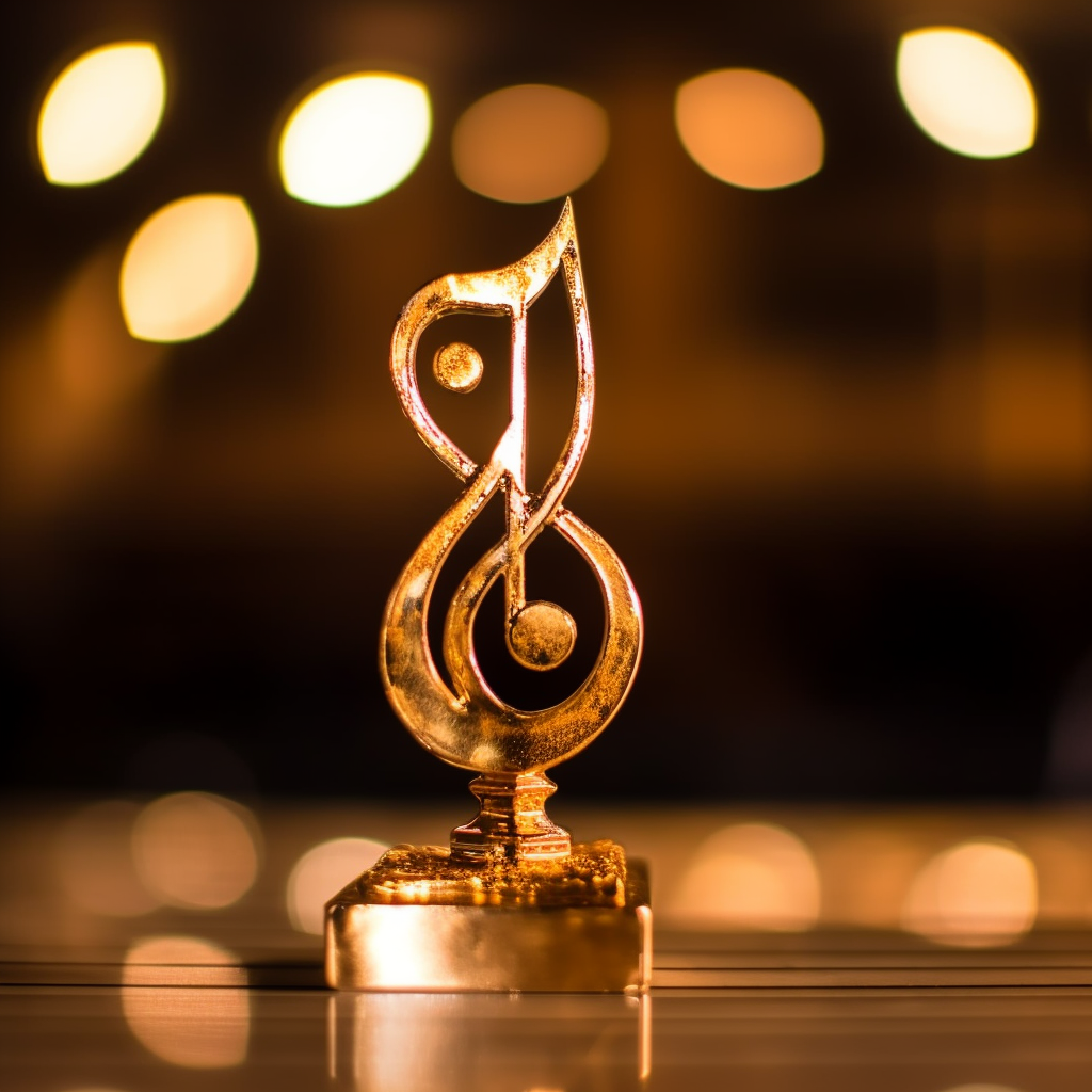 a photograph of a very elaborate golden trophy that looks vaguely musical in its scultping.