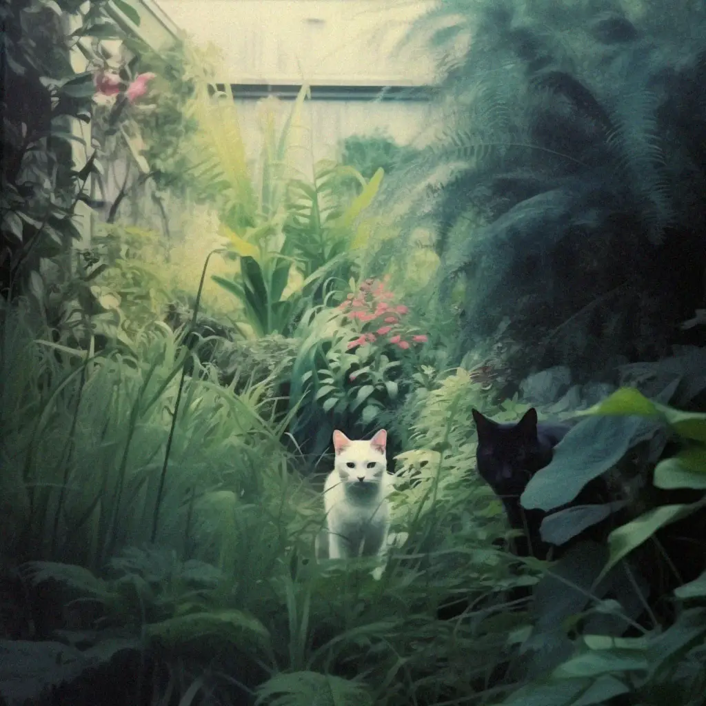 a photograph of a very lush garden, standing at a distance facing the camera is a white cat. Next to it, obscured by plants and silouetted, is a black cat.