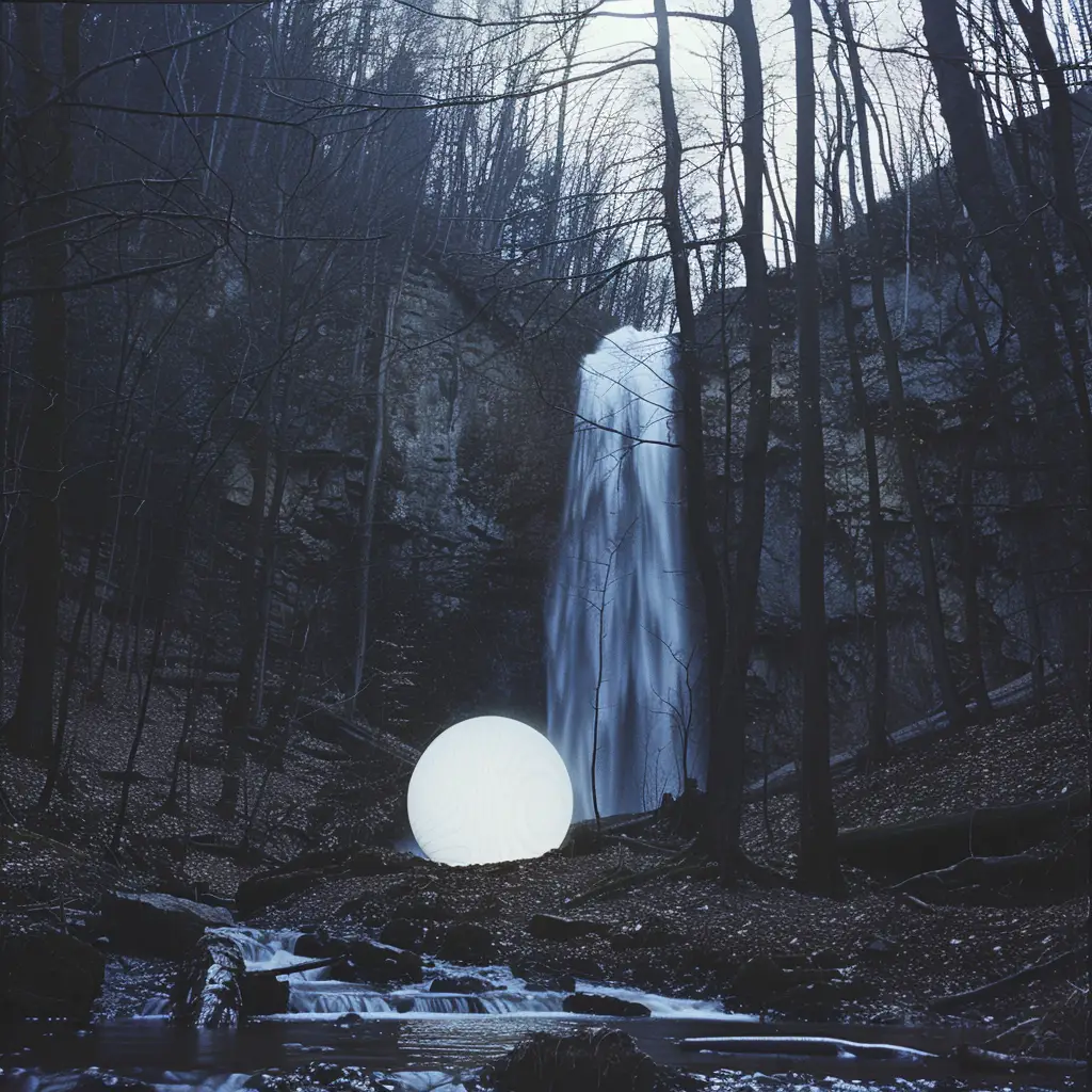 a photograph of a glowing void outside a waterfall
