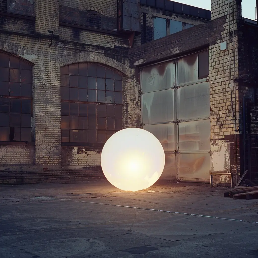 a photograph of a glowing void outside a warehouse