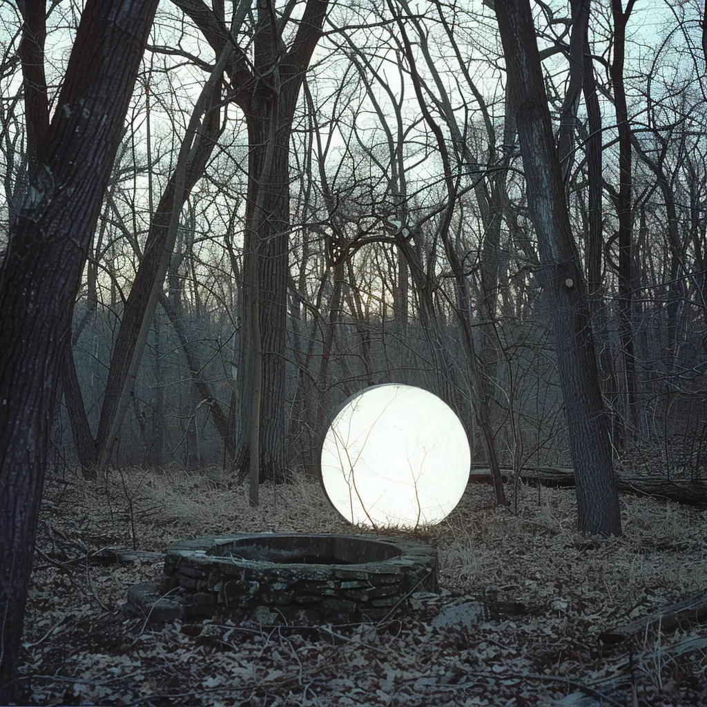 a photograph of a glowing void near an old stone well