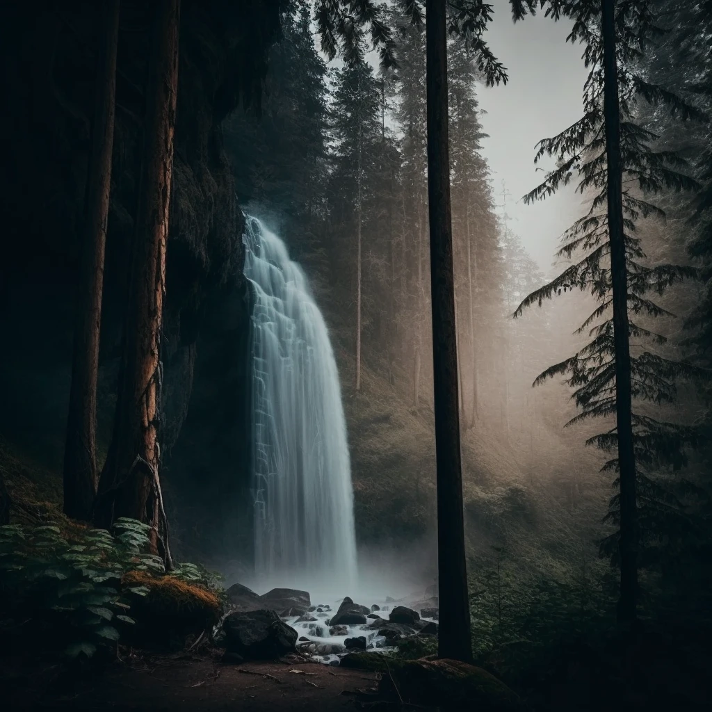 a photograph of a majestic waterfall deep in a thick woods.