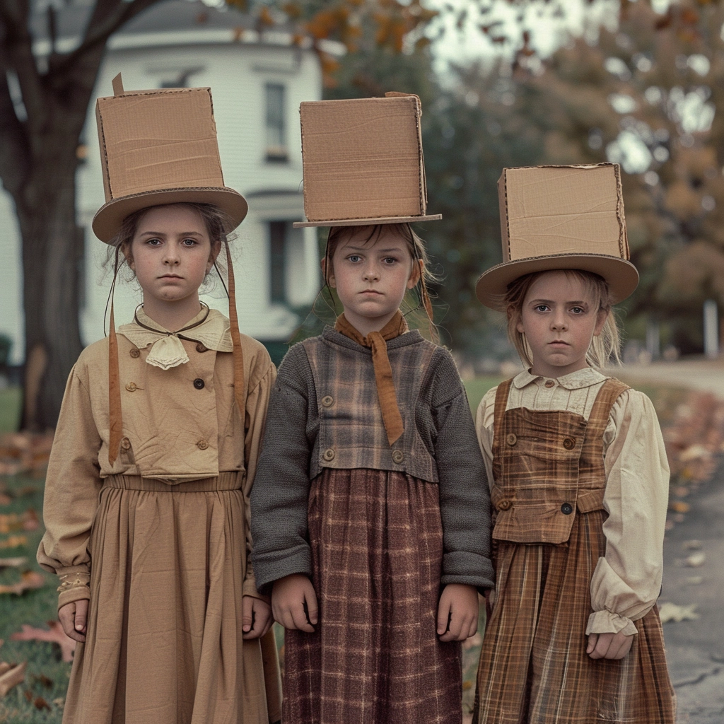 a photograph of three children wearing very square top hats