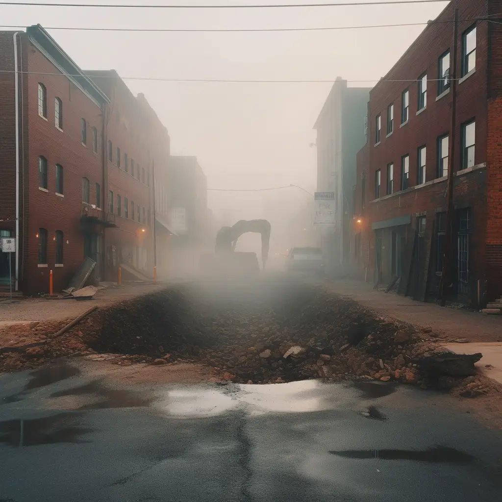 a photograph of very dusty road construction. an excavator is barely visible in the cloud of dust.