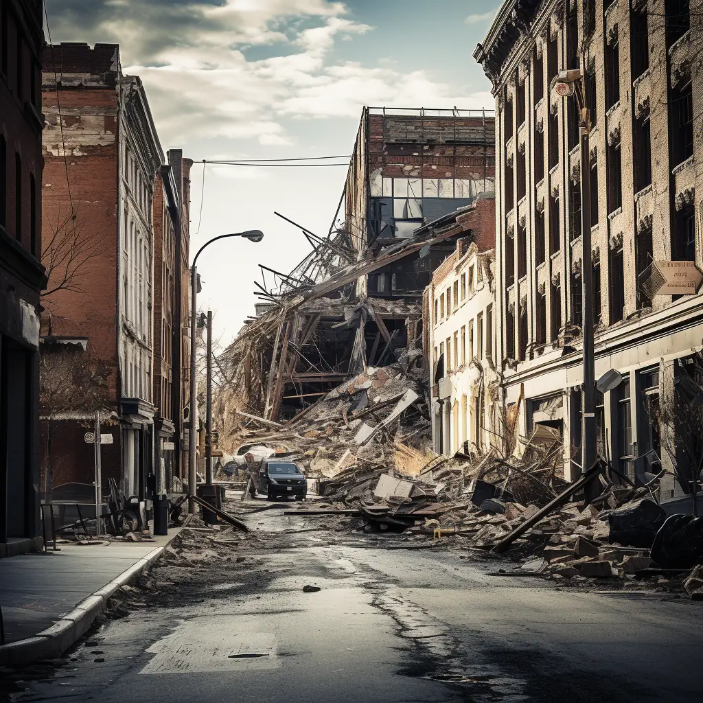 a building, collapsed, lays in the midst of other 1800s-era factories